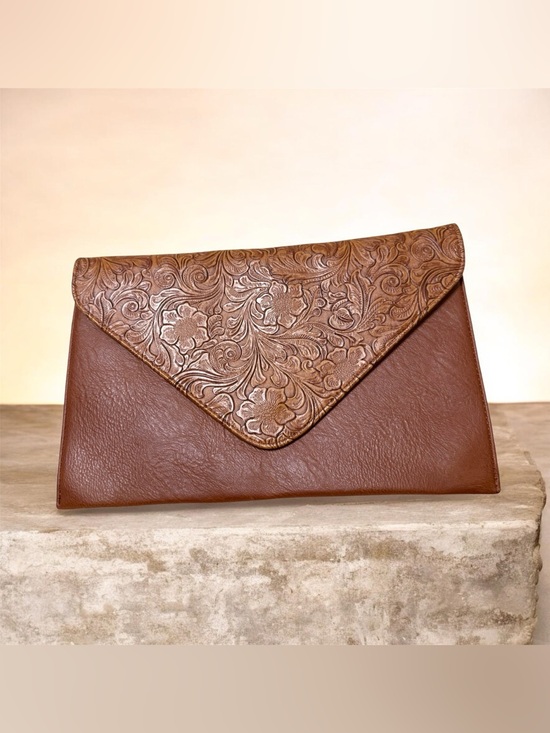 Cato Handbags - Embossed Leather-Faux Brown Envelope Clutch